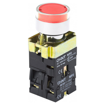 Кнопка 1НВ+1НЗ червона AC/DC 230В (LED) IP40 NP2-BW3465, CHINT