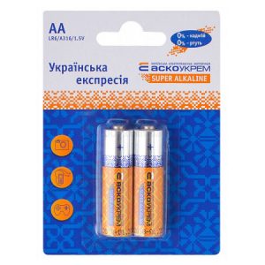 Батарейка лужна AА.LR6.BL2, типорозмір AA упаковка blister 2 шт., АСКО-УКРЕМ