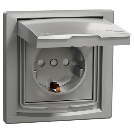 Розетка з з/к, захисними шторками і кришкою IP44 Asfora алюміній, Schneider Electric