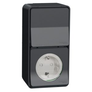 Блок розетка + перемикач 1-клавішний вертикальний Mureva Styl чорний IP55, Schneider Electric