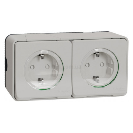 Розетка подвійна з з/к і шторками Mureva Styl біла IP55, Schneider Electric