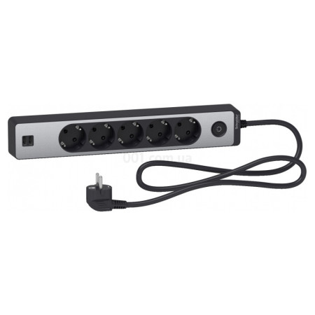 Подовжувач на 5 розеток з з/к + 2 USB алюміній/чорний 1.5м Unica Extend, Schneider Electric