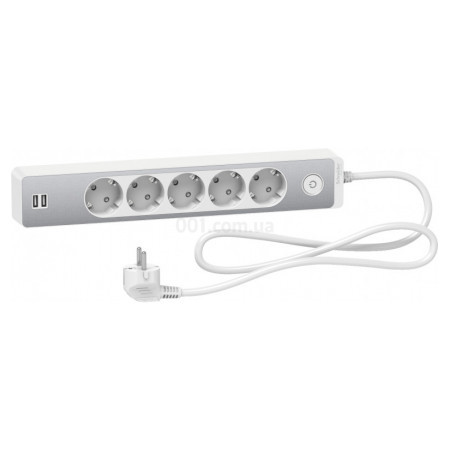 Подовжувач на 5 розеток з з/к + 2 USB алюміній/білий 1.5м Unica Extend, Schneider Electric