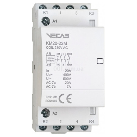 Контактор модульний КМ20-22М 20А 2НВ+2НЗ 230В AC, VECAS