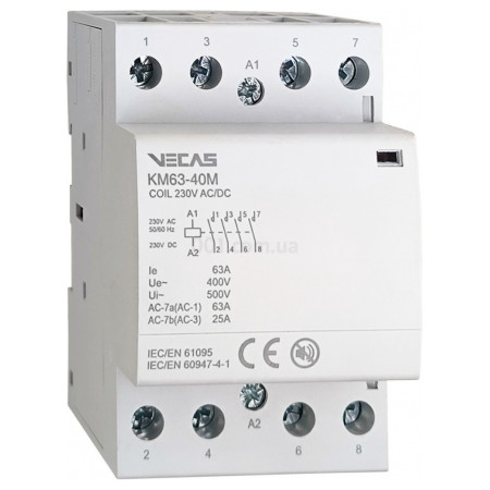 Контактор модульний КМ63-40М 63А 4НВ 230В AC/DC, VECAS