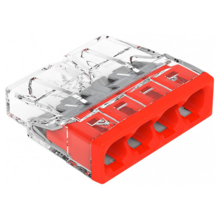 Клема COMPACT PUSH WIRE 4-провідна 0,5-2,5 мм² прозора/червона без пасти, WAGO
