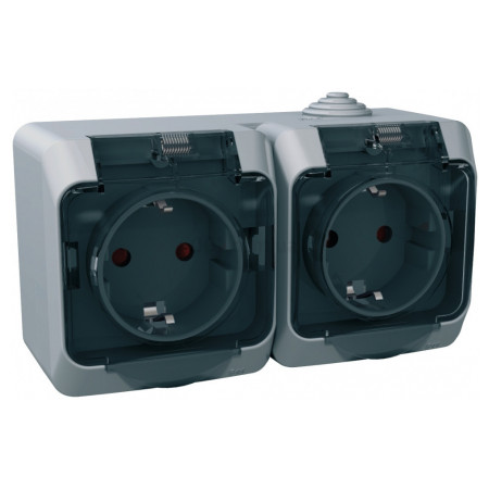 Розетка подвійна з з/к, шторками та прозорою кришкою сіра серія Cedar Plus IP44, Schneider Electric