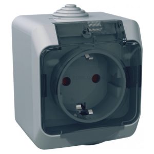 Розетка з з/к, шторками та прозорою кришкою сіра серія Cedar Plus IP44, Schneider Electric